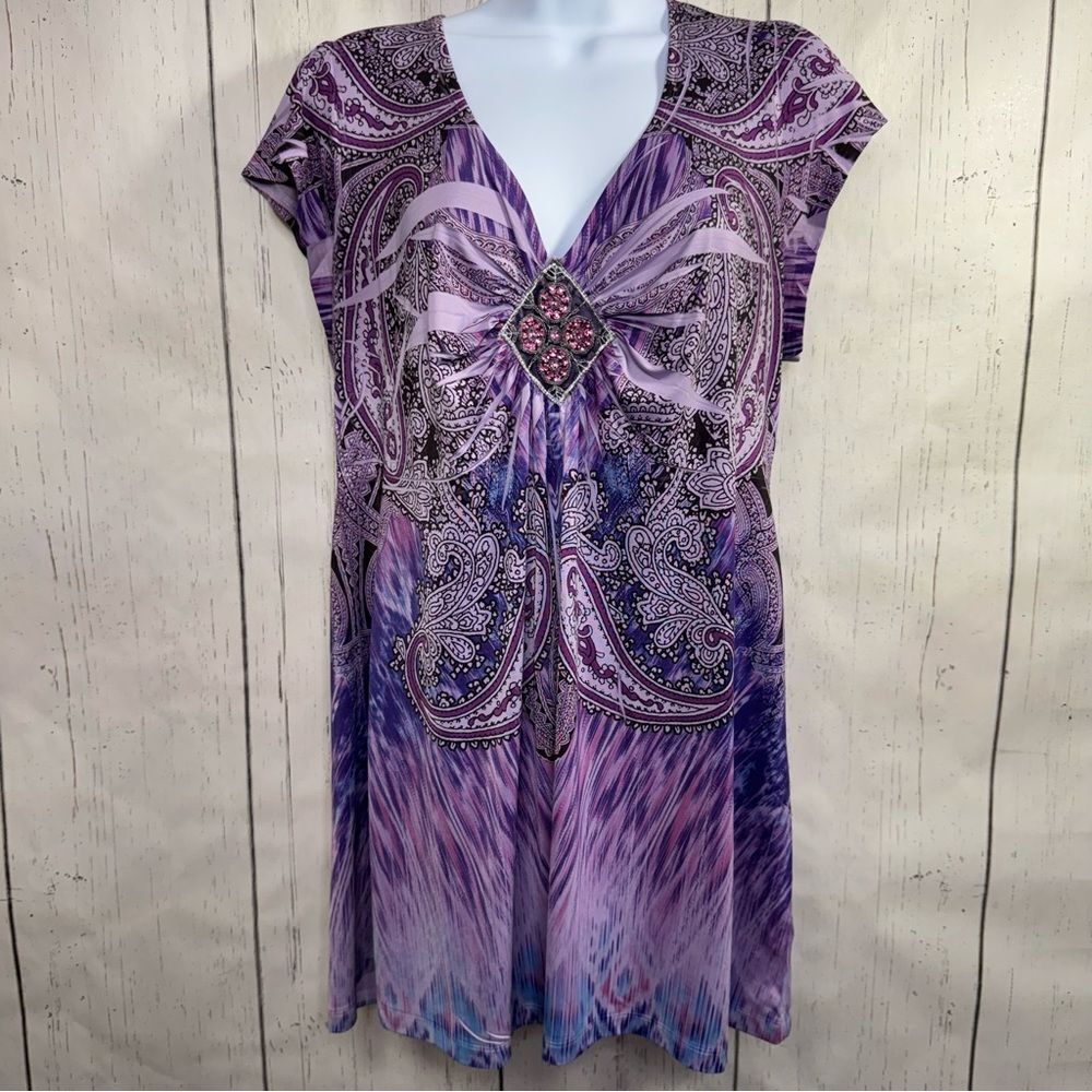 APT. 9 Purple Paisley Embellished Top L Jeweled Front Boho Fairycore Tunic